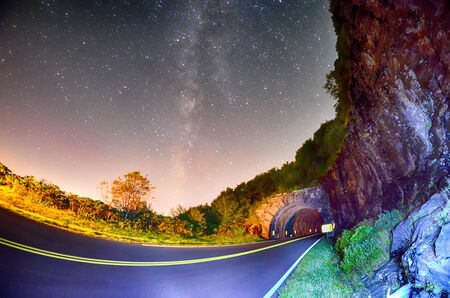 The Craggy Pinnacle Tunnel, on the Blue Ridge Parkway in North Carolina at nightの写真素材