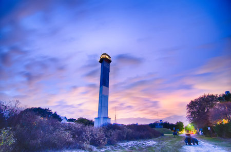 Charleston lighthouse at night  located on Sullivan's Island in South Carolinaの写真素材