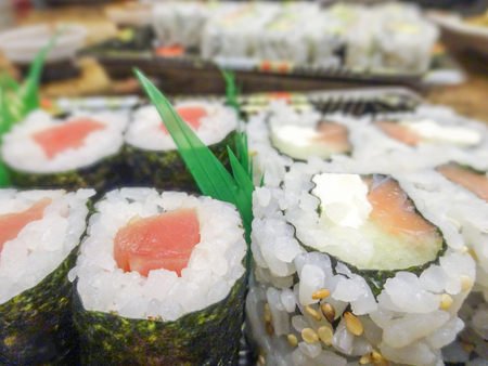 sushi with salmon and avocado rollsの写真素材