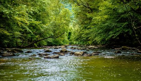 broad river water flow through blue ridge mountainsの写真素材