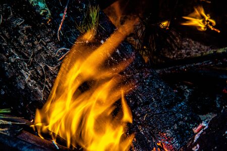 camp fire flames burning at night after hikeの写真素材