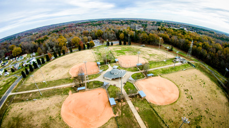 recreation area adjacent baseball fields aerial viewのeditorial素材