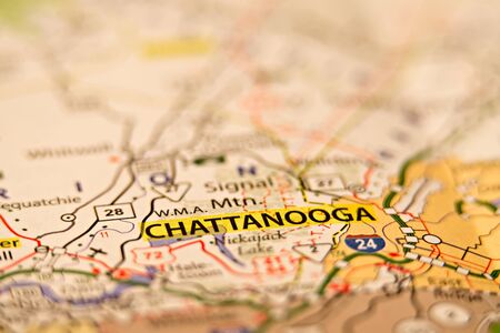 Closeup of Chattanooga on a geographical map.の写真素材