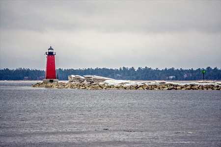 Manistique East Breakwater Lighthouse on lake michiganのeditorial素材