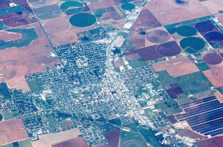 Aerial view of farm land crop fields in usa