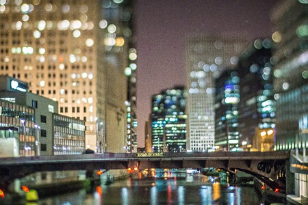 Chicago illinois tilt effect cityscape at nightの写真素材