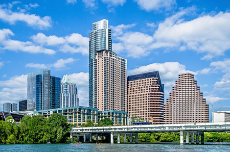 downtown view of austin texas skyline with blue skyの写真素材