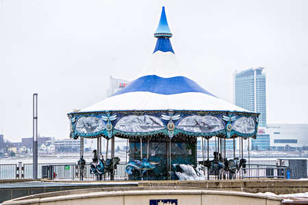 Empty carousel in winter near detroit downtownのeditorial素材