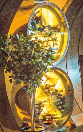 Collection of sparkling wines aging in the round luxury rackの写真素材