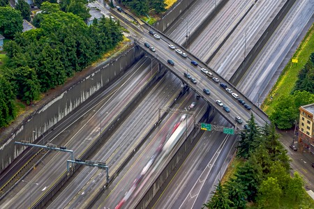 aerial of commute traffic and bridge crossingの写真素材