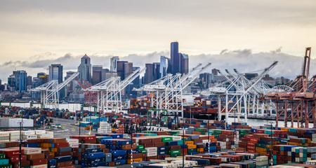 port of seattle with downtown skyline early morningのeditorial素材