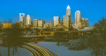 Charlotte nc usa skyline during and after winter snow storm in january の写真素材