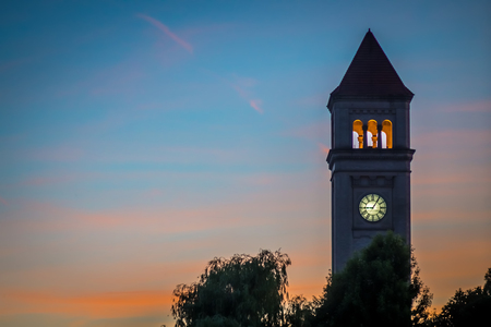 spokane downtown clock tower in park at sunsetの写真素材
