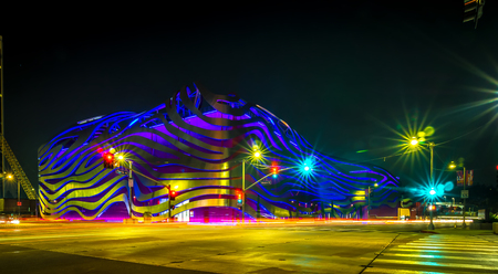 Los Angeles, California, USA, November, 2018: The Petersen Automotive Museum is located on Wilshire Boulevard at nightのeditorial素材
