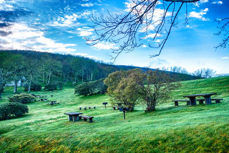 foggy morning in blue ridge mountains picnic areaの写真素材