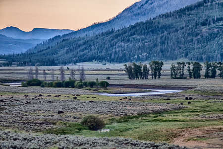 The sun setting over the Lamar Valley near the northeast entrance of Yellowstone National Park in Wyoming.の写真素材