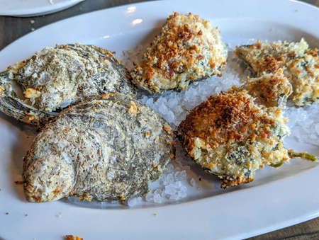 Platter of Oysters Rockefeller on rock saltの写真素材