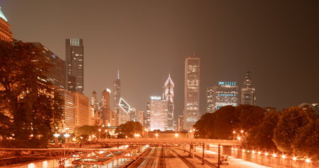chicago illinois city skyline at nightの写真素材