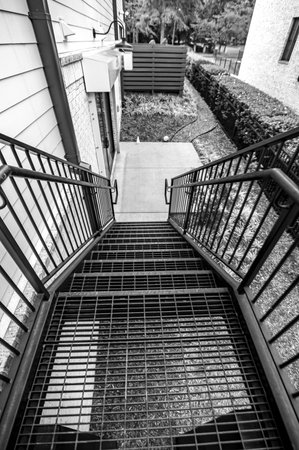 metal steel staircase fire exit n modern buildingの写真素材