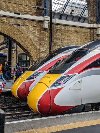 LONDON, UK - APRIL 29: Eurostar train on APRIL 29, 2024. Eurostar train locomotive at St. Pancras station in London, UK.の写真素材
