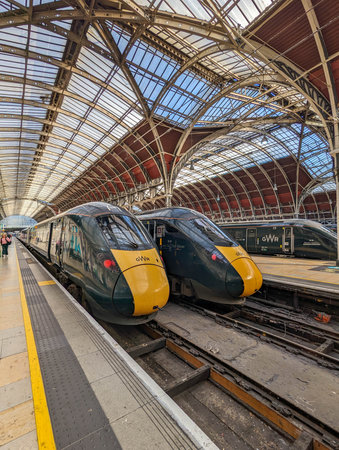 LONDON, UK - APRIL 27: Eurostar train on APRIL 27, 2024 Eurostar train locomotive at St. Pancras station in London, UKの写真素材