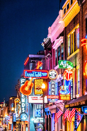 Nashville Tennessee Broadway Night Scene with Neon Signs Live Music Bars and Honky Tonk Entertainment District
