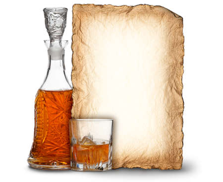 Whisky decanter, glass and blank cardの写真素材