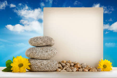 Summer background - blank card on blue sky backgroundの写真素材