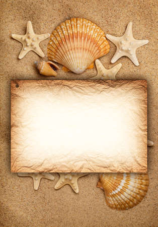 Shells, sand and blank card - summer backgroundの写真素材