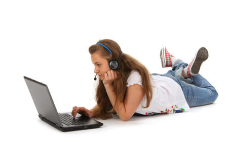 Teen with laptop on white background