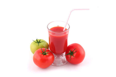 Tomato juice and ripe tomatoes on white backgroundの写真素材