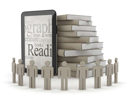 Human figures, tablet computer and stack of booksの写真素材