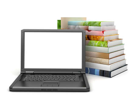 Books and laptop on white background