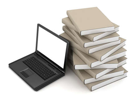 Stack of books and laptop on white background