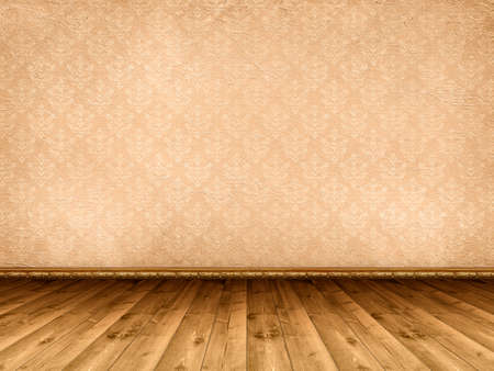 Interior background - wooden floor and vintage wallpaperの写真素材