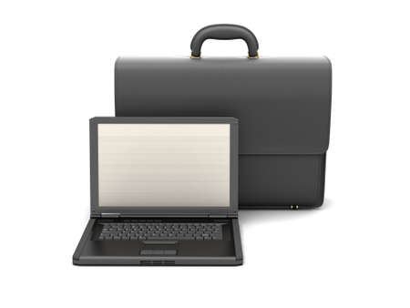 Laptop and black business briefcase isolated on whiteの写真素材