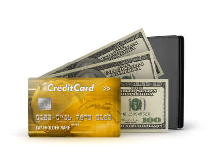 Bank notes, credit card and leather wallet on white backgroundの写真素材