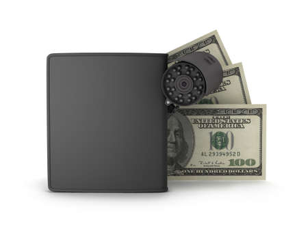 Video surveillance camera, dollars and leather wallet on white 