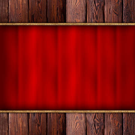 Brown wood plank wall and red wavy textileの写真素材