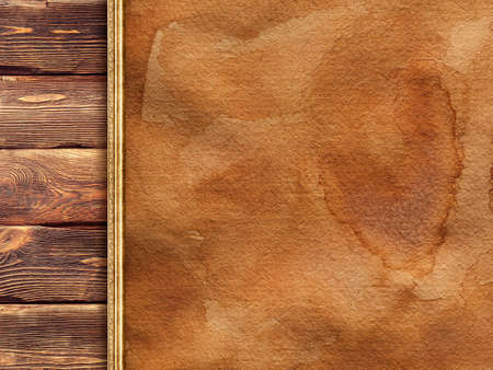 Creased handmade paper on wooden wall backgroundの写真素材