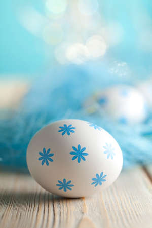 Easter eggs on blue backgroundの写真素材