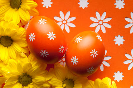 Orange Easter eggs and yellow flowers on patterned backgroundの写真素材