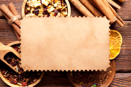 Blank paper label and various kinds of teaの写真素材