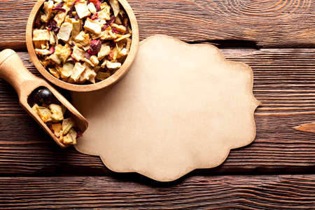 Tea fruit and blank paper card on wooden tableの写真素材
