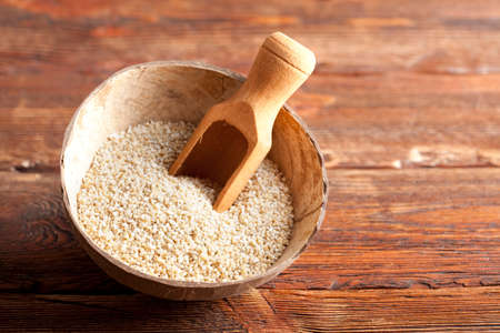 Buckwheat in wooden bowlの写真素材