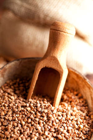 Buckwheat in wooden bowlの写真素材