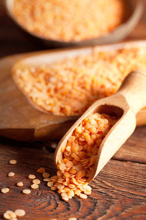 Red lentils in scoop and bowlの写真素材