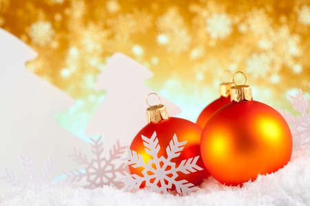 Christmas baubles, trees and snowflakesの写真素材
