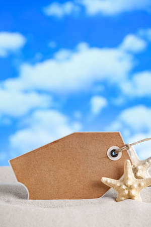 Paper label and starfish on nature backgroundの写真素材