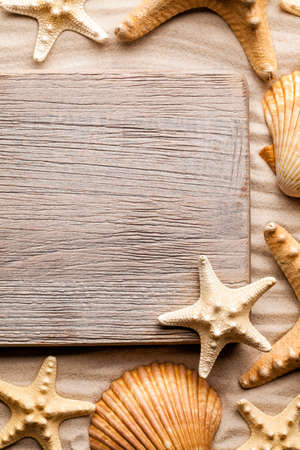 Summer background - Wooden board and shells on beachの写真素材